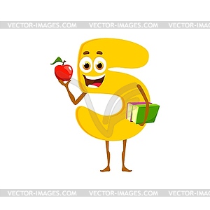 Cartoon funny number five character with apple - vector image