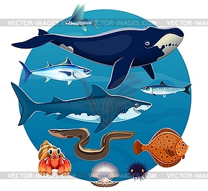 Cartoon sea animals, fishes of underwater world - vector clipart