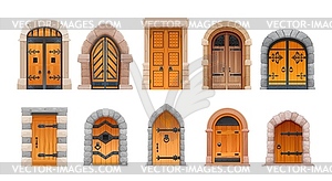Medieval castle gates, wooden doors and arch - vector clip art