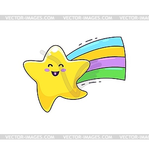 Cartoon star kawaii character dancing on rainbow - vector clipart