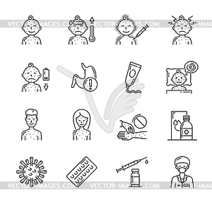 Chicken pox icons of virus disease symptoms - vector clip art