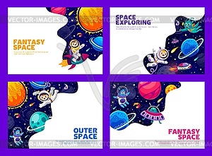 Мультяшные космические плакаты. Дети-астронавты и инопланетяне - клипарт в векторном виде