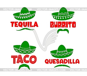Mexican sombrero and moustaches, tequila, burrito - vector image