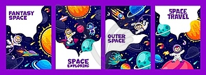 Мультяшные космические плакаты, открытки с астронавтом - векторный рисунок