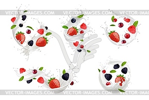 Milk swirl and wave splashes with berry fruits - vector clipart