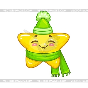 Cartoon cute kawaii star in knit hat and scarf - color vector clipart