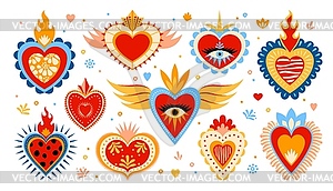 Mexican sacred hearts whimsical cartoon set - vector image