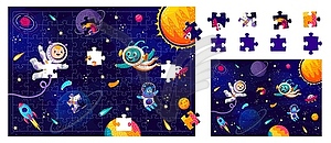 Jigsaw puzzle game with funny alien and astronaut - vector clipart