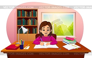 Cartoon girl makes homework, pupil studying - vector clipart
