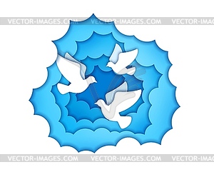 White dove pigeon, paper cut birds flying in sky - vector clip art