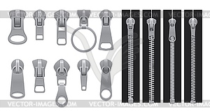 Realistic zipper, metal zip 3d set - vector image