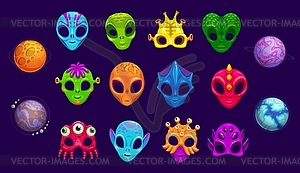 Space alien masks for photo booth, monster faces - vector image