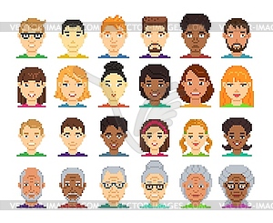 Avatar pixel characters, elderly seniors and kids - vector clip art