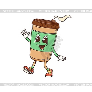 Cartoon groovy coffee cup character, happy face - vector clipart
