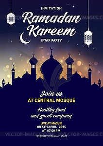 Ramadan Kareem iftar party flyer, Muslim holiday - vector clipart