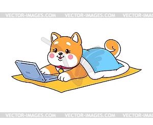 Мультяшный щенок японской собаки Сиба-Ину с ноутбуком - векторный клипарт EPS