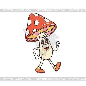 Mushroom groovy cartoon character with happy face - vector image