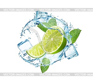 Напиток мохито. Взболтайте воду с лаймом, кубиками льда - векторное изображение