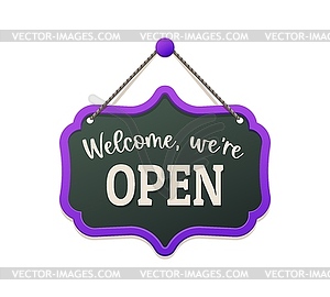 Open board sign, shop notice, welcoming display - vector image
