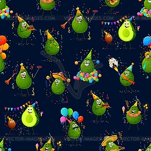 Cartoon avocado characters, holiday party pattern - vector image