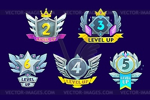 Game interface level up badges with wings, crystal - vector image