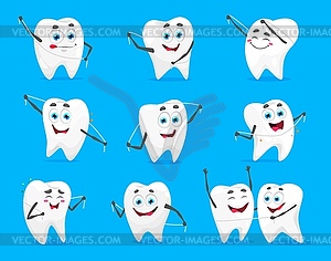 Cartoon tooth characters with dental floss - vector image