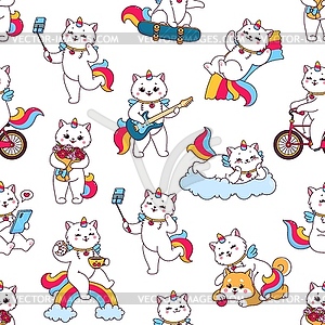 Cartoon caticorn cat character seamless pattern - vector clipart