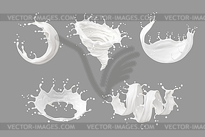 Liquid milk cream splash, yogurt white swirls - vector image