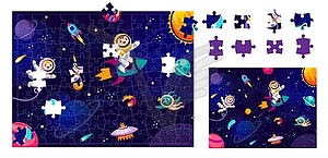 Jigsaw puzzle game pieces with cartoon astronaut - vector image