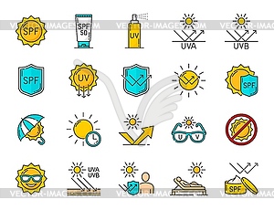 SPF, ultraviolet sunscreen protection color icons - vector clip art