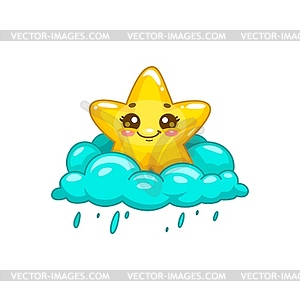 Star kawaii character personage on cloud with rain - vector image