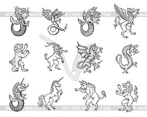 Medieval heraldic animals and monsters sketch - royalty-free vector image