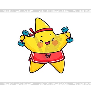 Cartoon cute funny kawaii star lifts dumbbells - vector image