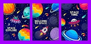 Мультяшный плакат с космическим пейзажем, инопланетянин, ракета, НЛО - изображение в векторе