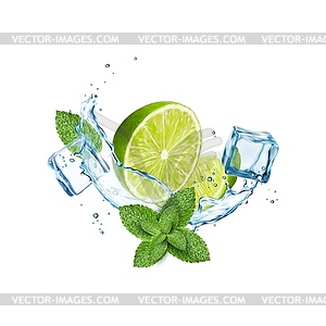 Mojito splash, ice, lime, mint and water drops - vector image