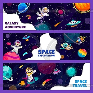 Kids astronauts at starry galaxy landscape banners - vector clipart