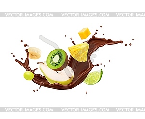 Chocolate yogurt or milk drink splash with fruits - vector clipart / vector image