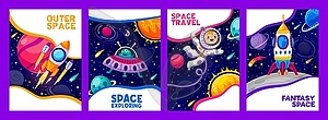 Space travel posters, astronaut, alien characters - vector clip art