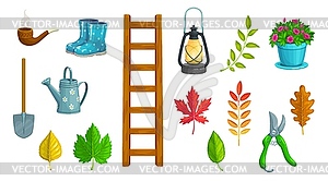 Gnome farming and gardening tools, and plants - vector clip art
