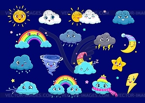 Weather characters, sun, cloud, rain, snow, wind - vector clip art