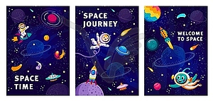 Cartoon space posters with kid astronaut, rocket - vector clipart