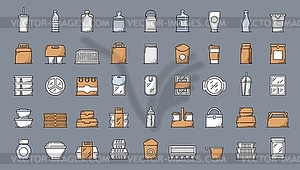 Plastic food containers and package color icons - vector image