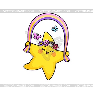 Cartoon cute funny star jumps with rainbow rope - vector image