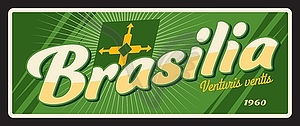 Brasilia city travel plate, retro tin sign - vector clip art