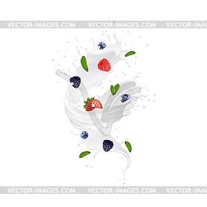 Yogurt drink, milk swirl splash with berries, mint - vector image