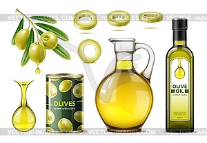 Green olives with realistic jar, can, oil bottle - vector image