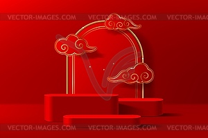 Red Chinese podium stage with clouds and gold arch - vector clip art