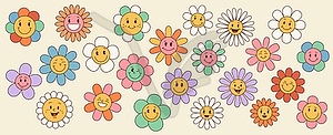 Ретро заводная маргаритка подсолнух, милые счастливые цветы - векторное изображение