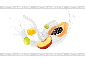 Yogurt drink, milk wave splash with tropical fruit - vector clipart