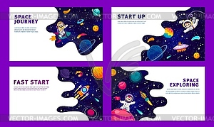 Cartoon space posters with kid astronaut on rocket - color vector clipart